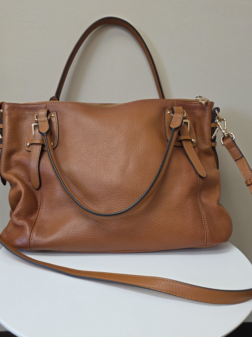 Pebbled Leather Tote in Cognac Brown with Removable Strap